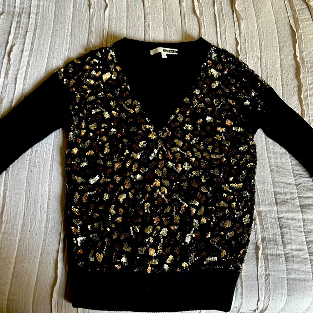 Tracy Reese- Black, Gold & Silver sequins V-neck sweater.
